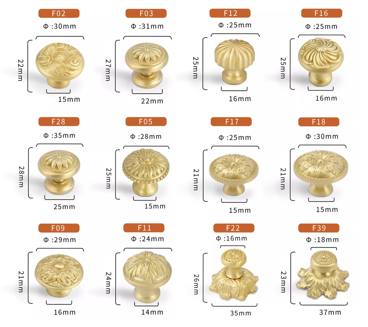 Euro Style Brass Gold Round Knobs
